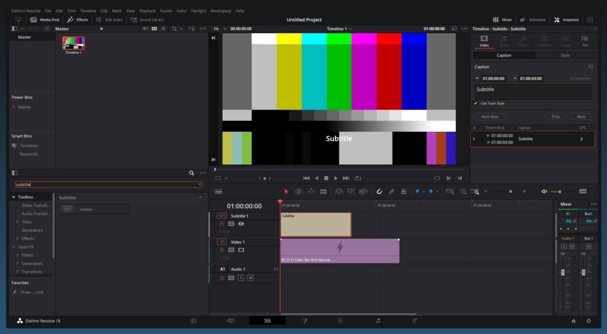 Screenshot of the captions editor in DaVinci Resolve open with sample text highlighted.